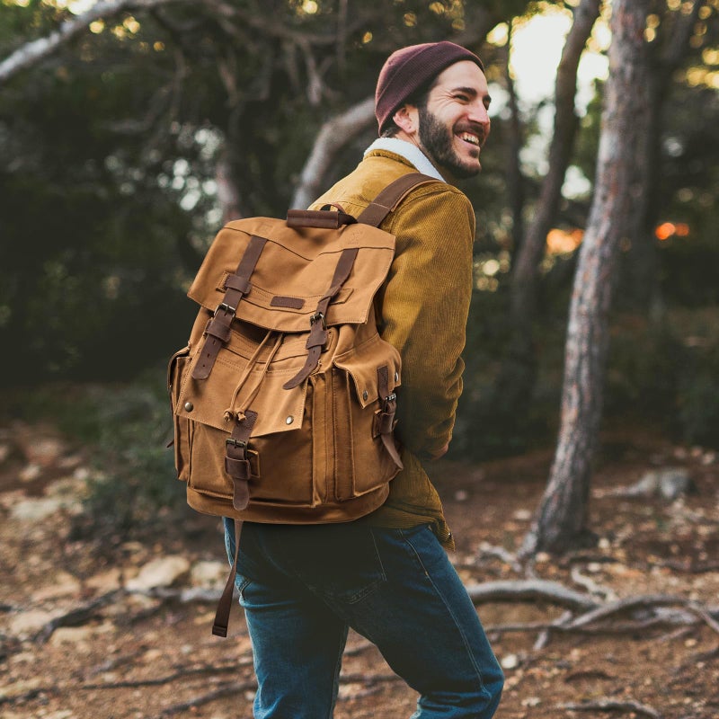 Kattee Menâ€™s Leather Canvas Backpack Large School Bag Travel Rucksack Khaki - Image 2